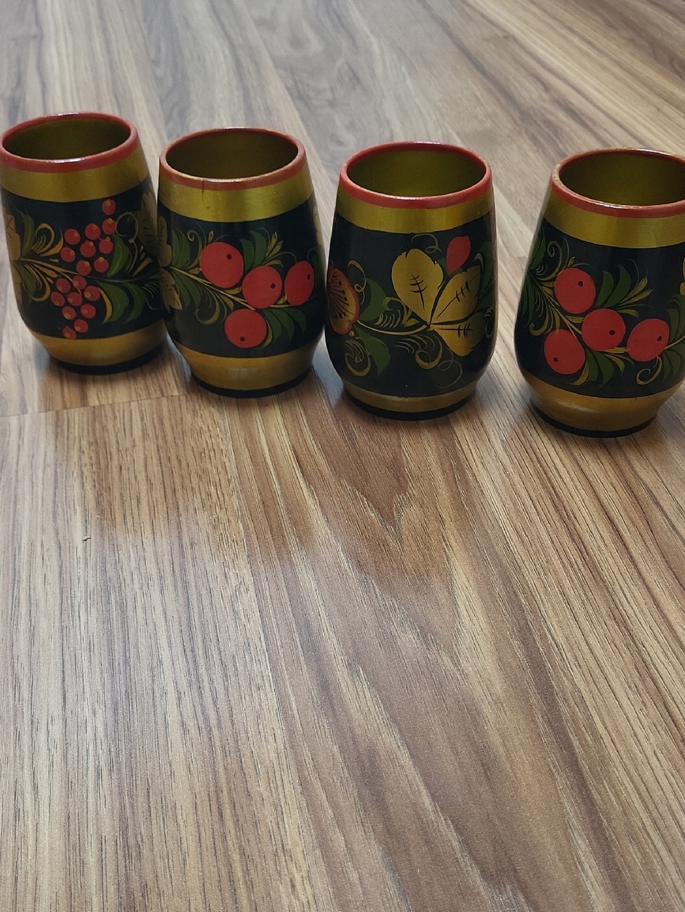 Khokhloma Hand-Painted Wooden Shot Cups in Black, Red & Gold - Set of 4